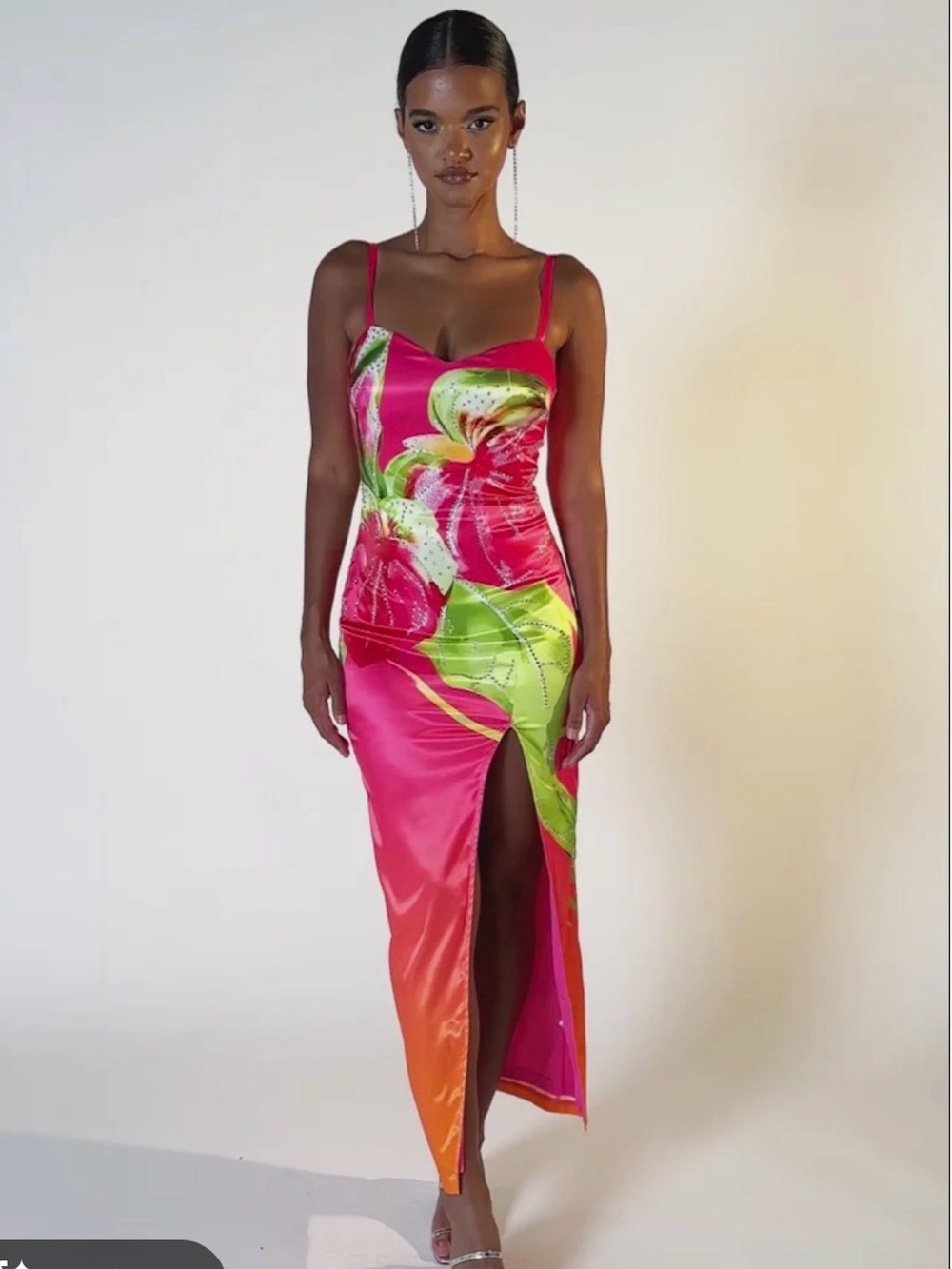 AKIRA Hot Pink & Lime Floral Satin Midi Slip Dress with Front Slit